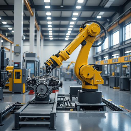 Automotive industry application scenario, automotive manufacturing production line, precision component assembly, industrial robot operation