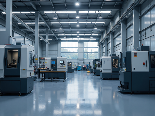 Modern manufacturing factory workshop, CNC machine tools, precision machining production line, industrial automation equipment