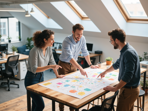 R&D team work scenario, engineers discussing design plans, modern office environment, technical exchange meeting